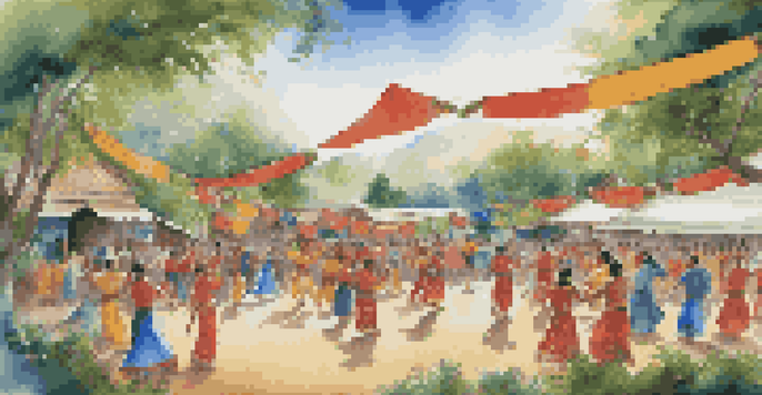 A lively cultural exchange event with diverse people dancing and celebrating in traditional attire among colorful decorations and greenery.