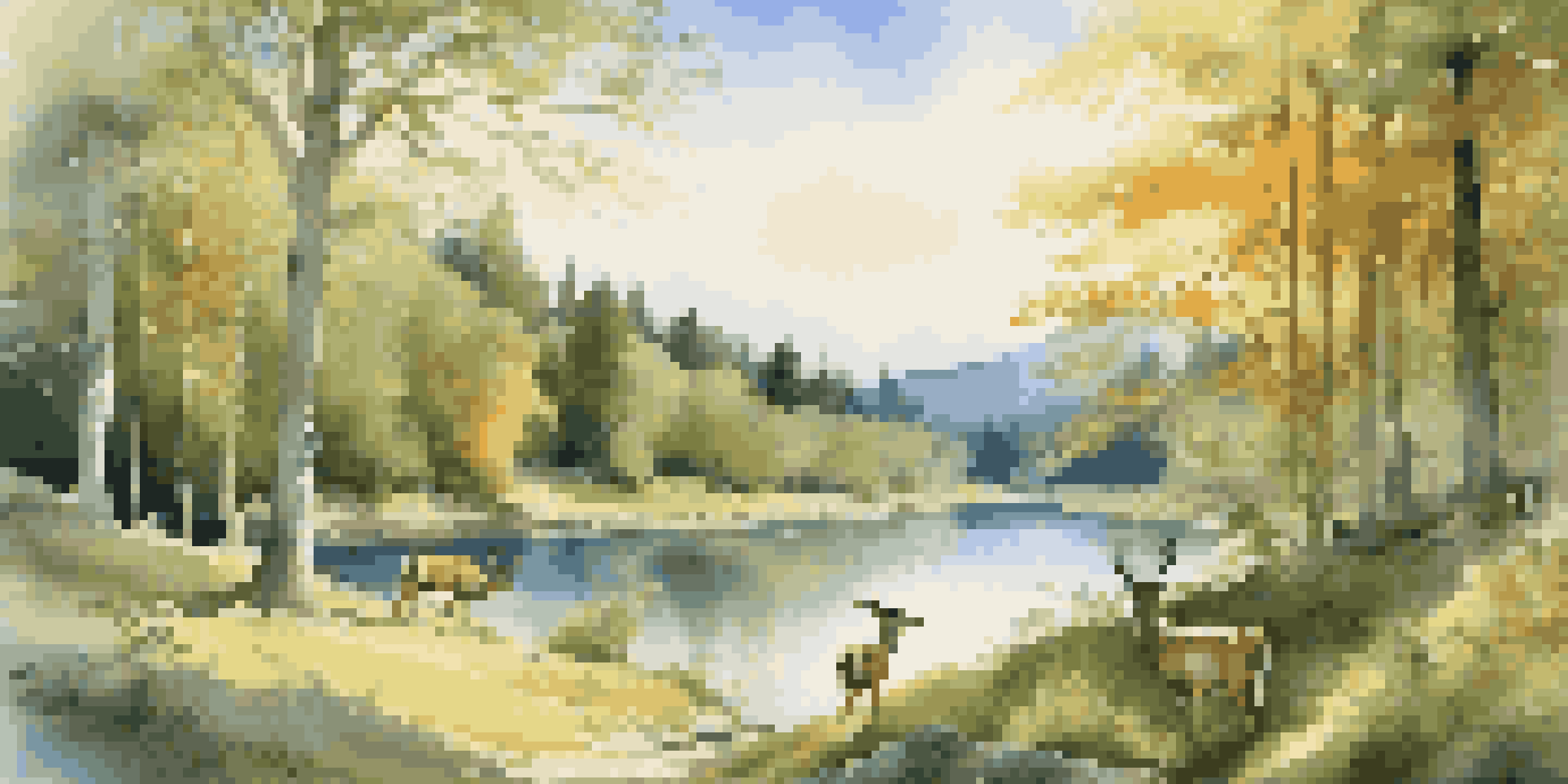 A peaceful forest scene with deer near a river, illuminated by golden sunlight and blue sky.