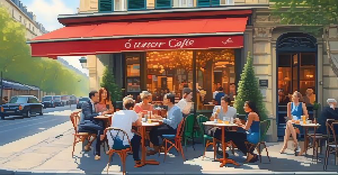 A lively café in Paris with people chatting and enjoying coffee, surrounded by colorful flowers and warm sunlight.