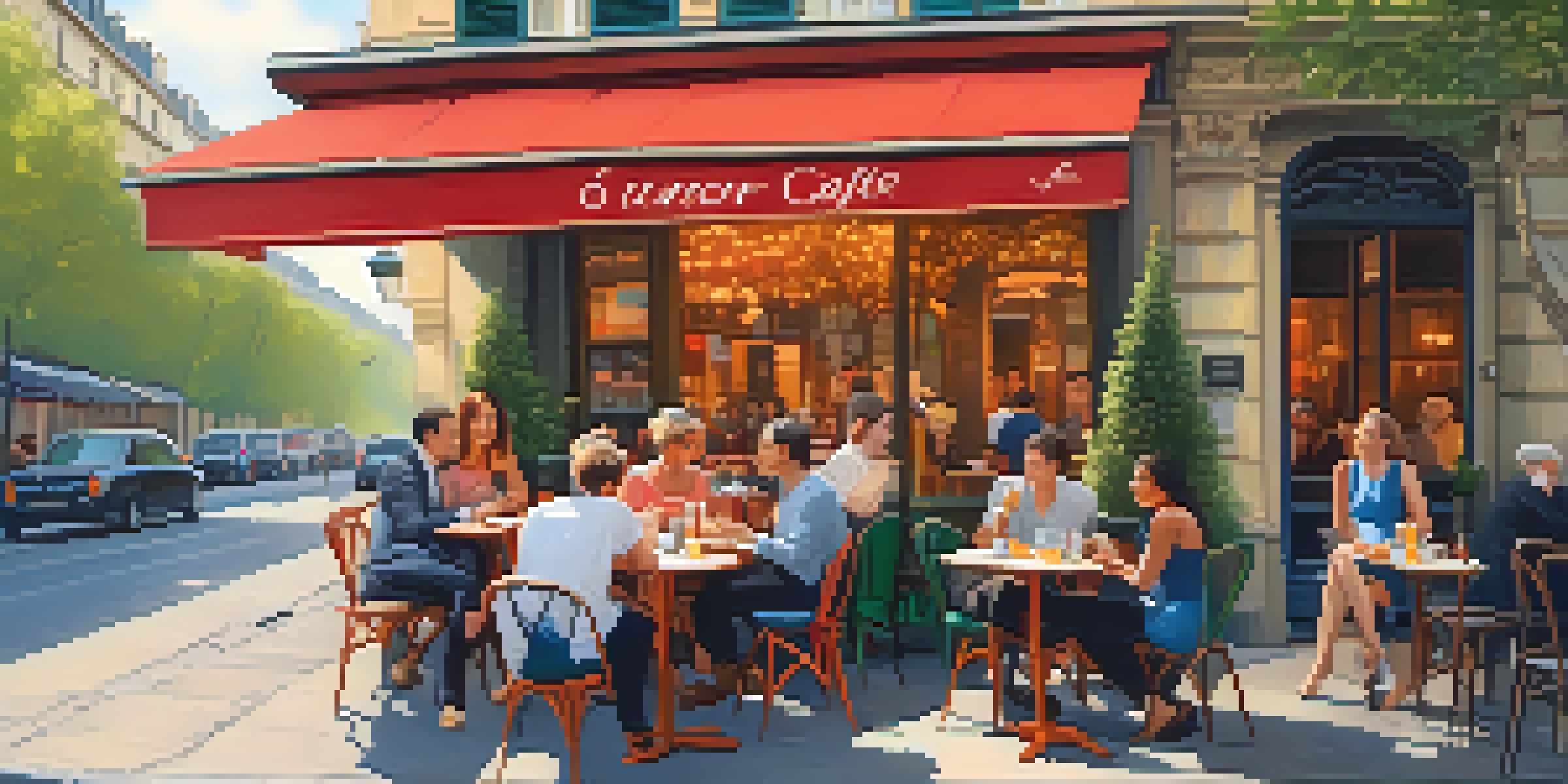 A lively café in Paris with people chatting and enjoying coffee, surrounded by colorful flowers and warm sunlight.