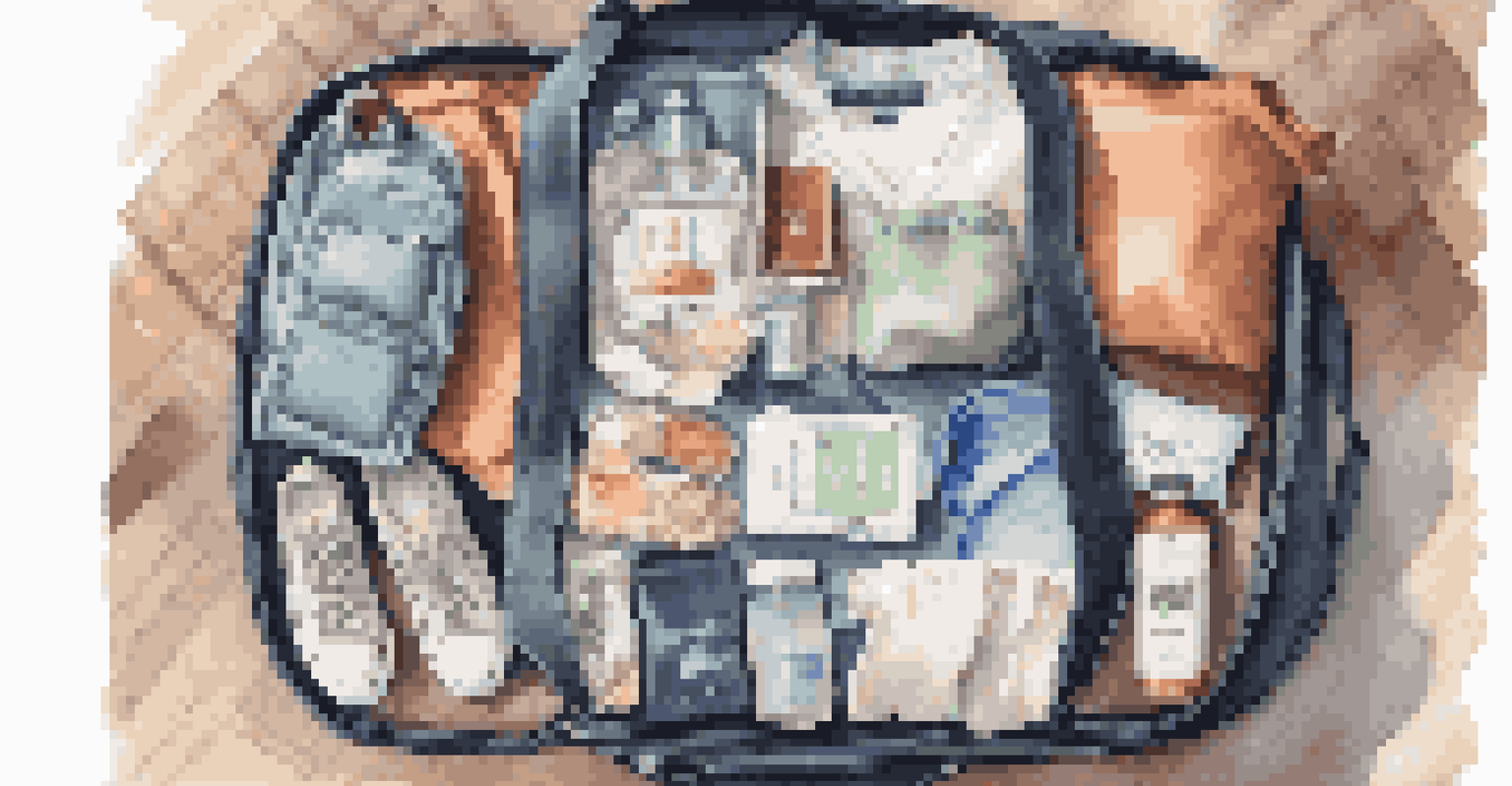 An organized travel bag open on a bed, filled with clothing, prenatal vitamins, snacks, and a water bottle, illuminated by natural light.
