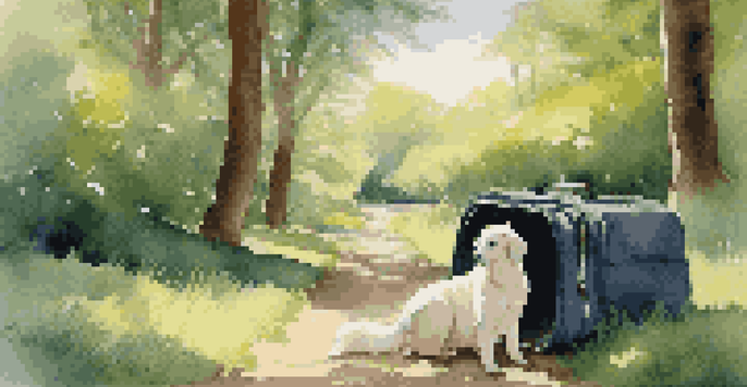 A pet dog sitting beside a travel carrier in a green outdoor setting, with sunlight illuminating the scene and a clear blue sky in the background.