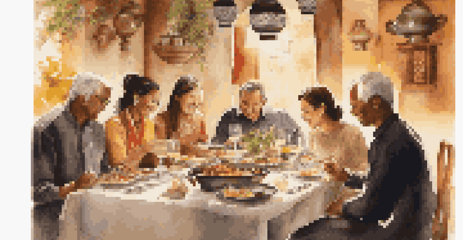 A group of friends dining at a beautifully set table, enjoying traditional cuisine with warm lighting and local decorations.
