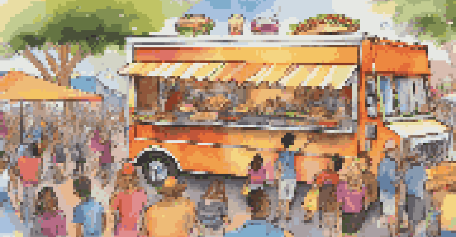 A colorful food truck serving gourmet tacos at a lively festival, with patrons ordering food.