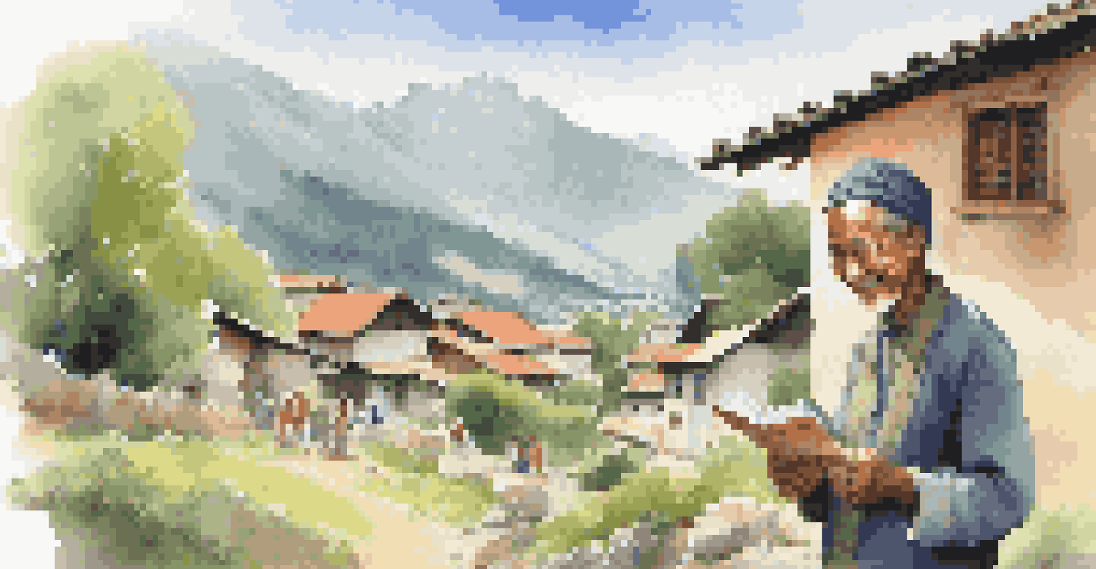 A traveler smiling and learning local phrases with friendly locals in a picturesque mountain village.