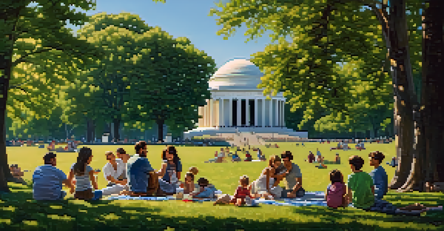 A family having a picnic on the National Mall in Washington, D.C., with the Lincoln Memorial in the background and a sunny day atmosphere.