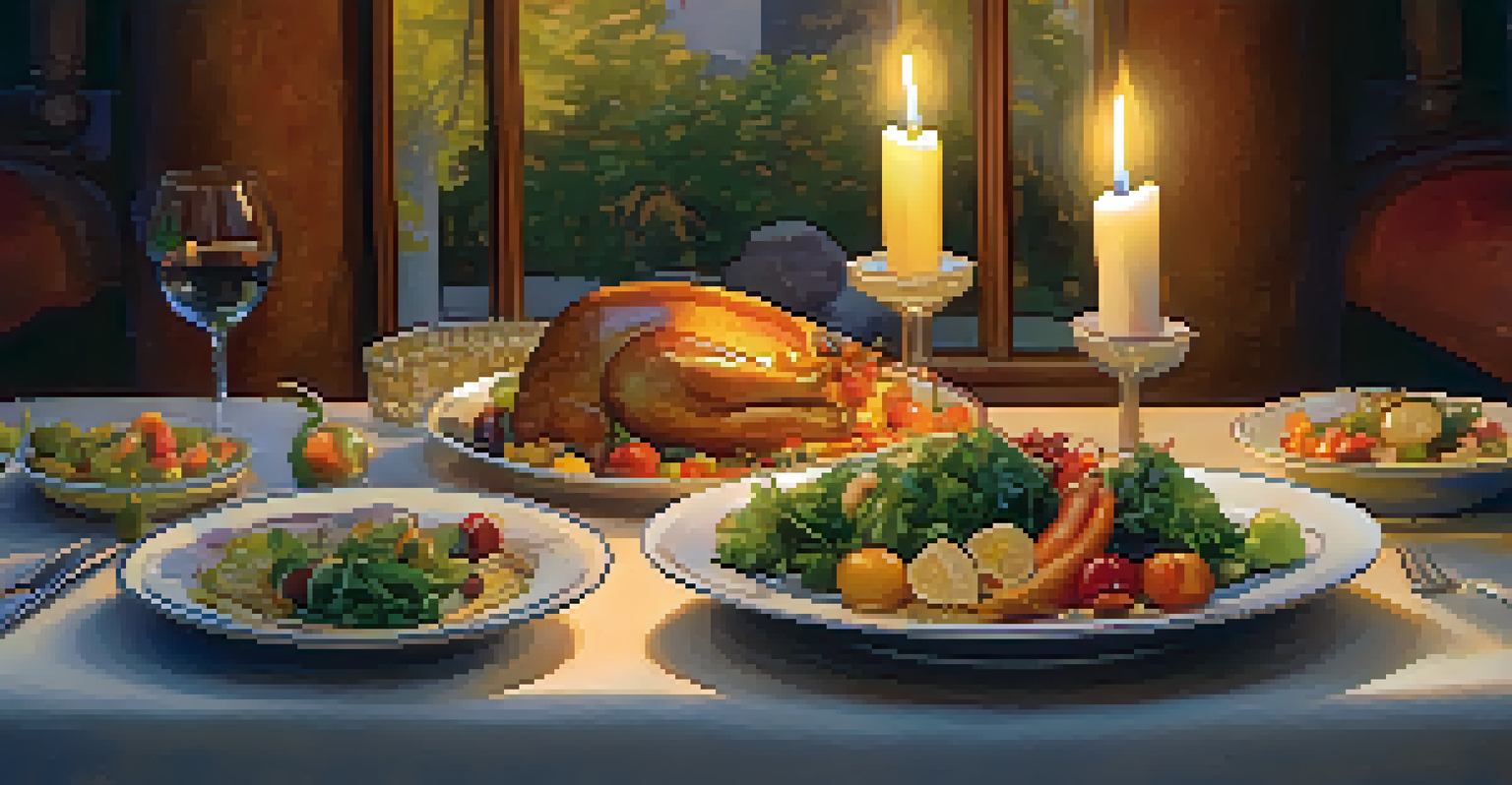 A close-up of a beautifully presented local dish on a candlelit table, emphasizing the joy of mindful eating.