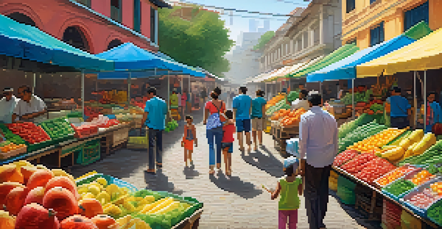 A family interacting with a vendor in a colorful market, surrounded by fresh produce and vibrant decorations.