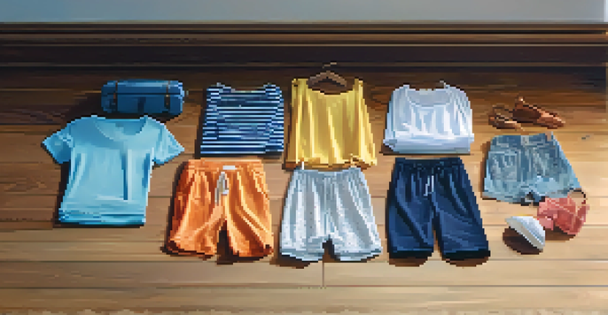 A suitcase filled with lightweight summer clothing such as a t-shirt, sundress, and shorts, with soft natural light illuminating the fabrics.
