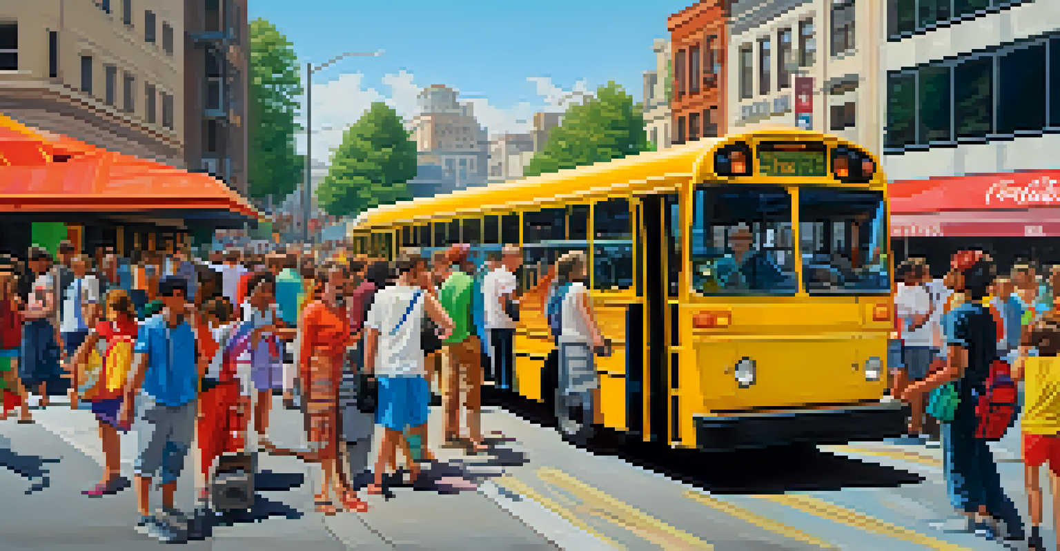 A busy bus stop with festival-goers in colorful outfits eagerly waiting for the bus, surrounded by vibrant street art on buildings under a sunny sky.