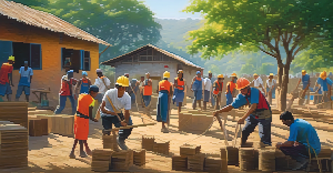 A group of diverse volunteers building a school in a rural village, surrounded by greenery and colorful buildings.