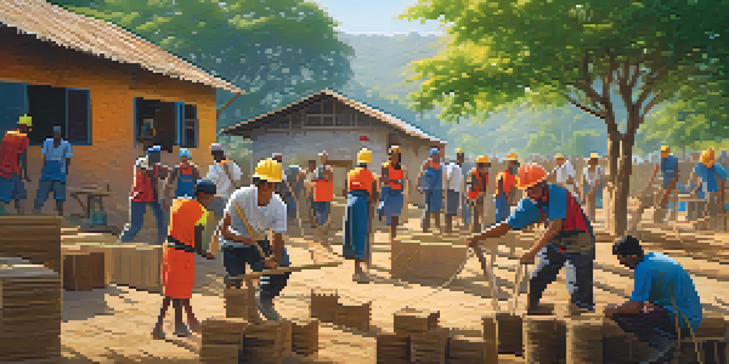 A group of diverse volunteers building a school in a rural village, surrounded by greenery and colorful buildings.