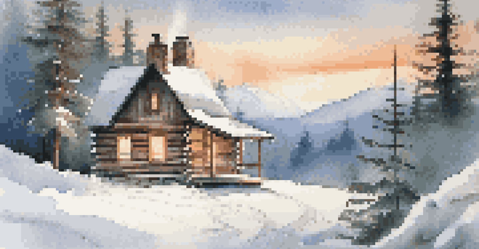 A serene winter landscape with a cozy cabin, snow-covered trees, and majestic mountains in the background.
