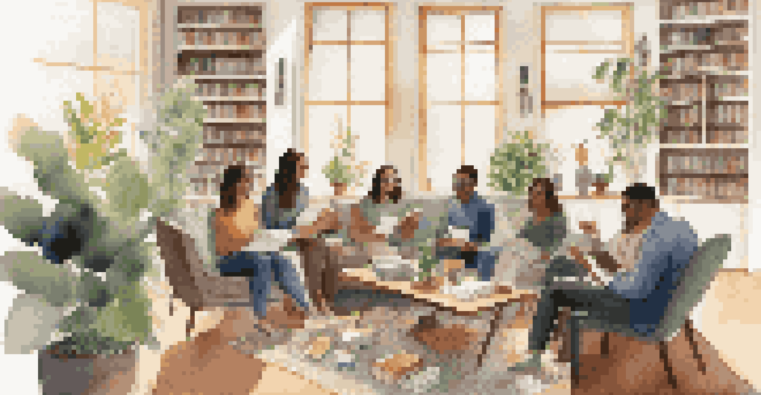 A cozy living room where a study group is collaborating, surrounded by plants and books, creating a warm and inviting space for learning.