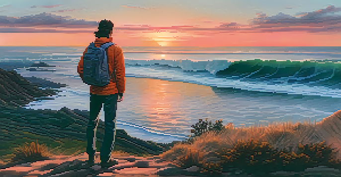A solo traveler on a cliff at sunset, looking out over the ocean, with warm colors in the sky.