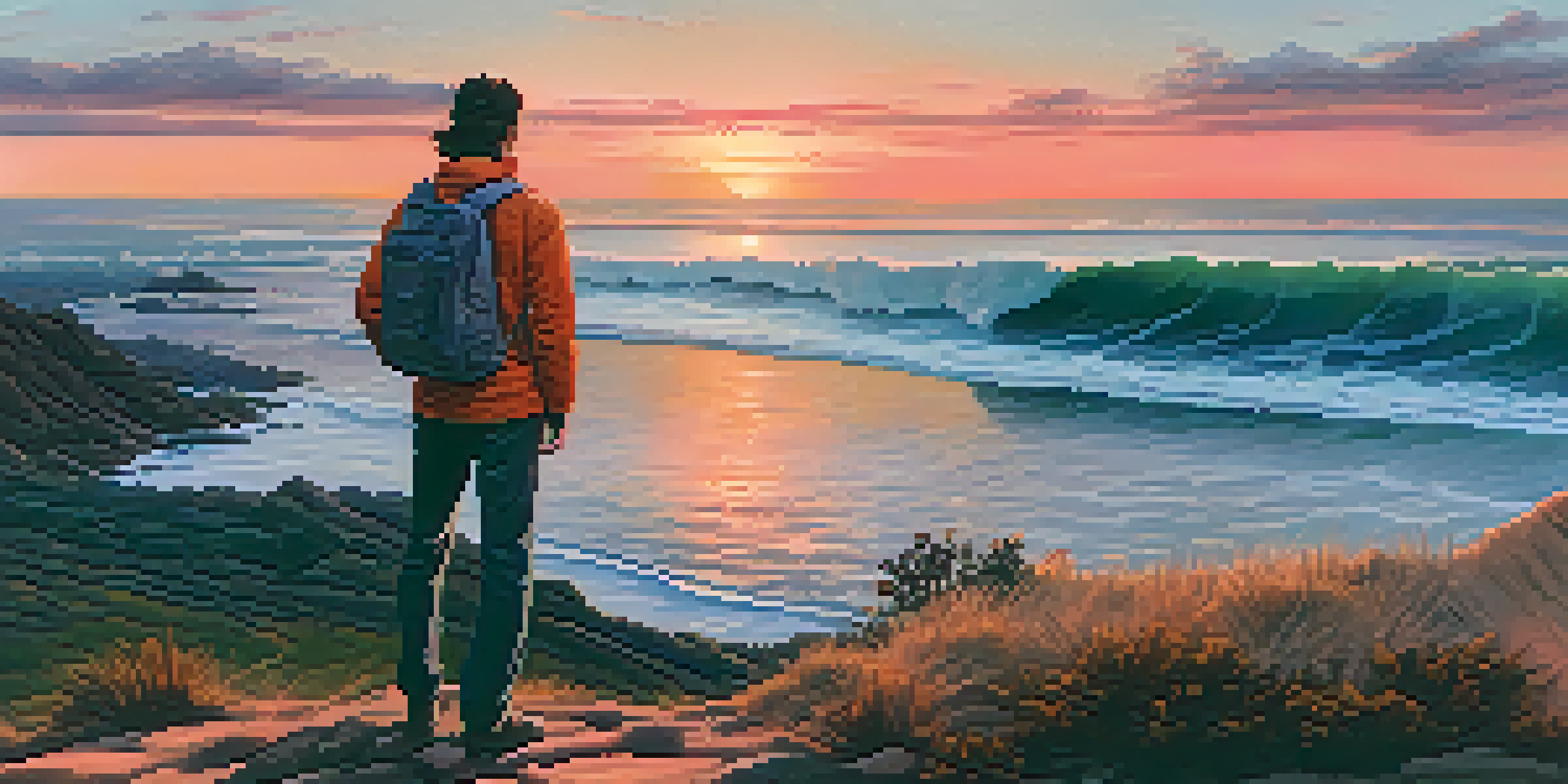 A solo traveler on a cliff at sunset, looking out over the ocean, with warm colors in the sky.