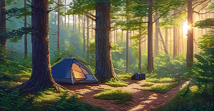 A peaceful forest scene with a path, sunlight filtering through trees, and camping gear visible.