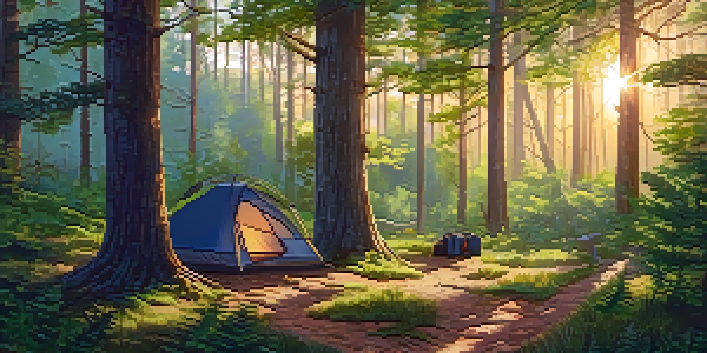 A peaceful forest scene with a path, sunlight filtering through trees, and camping gear visible.