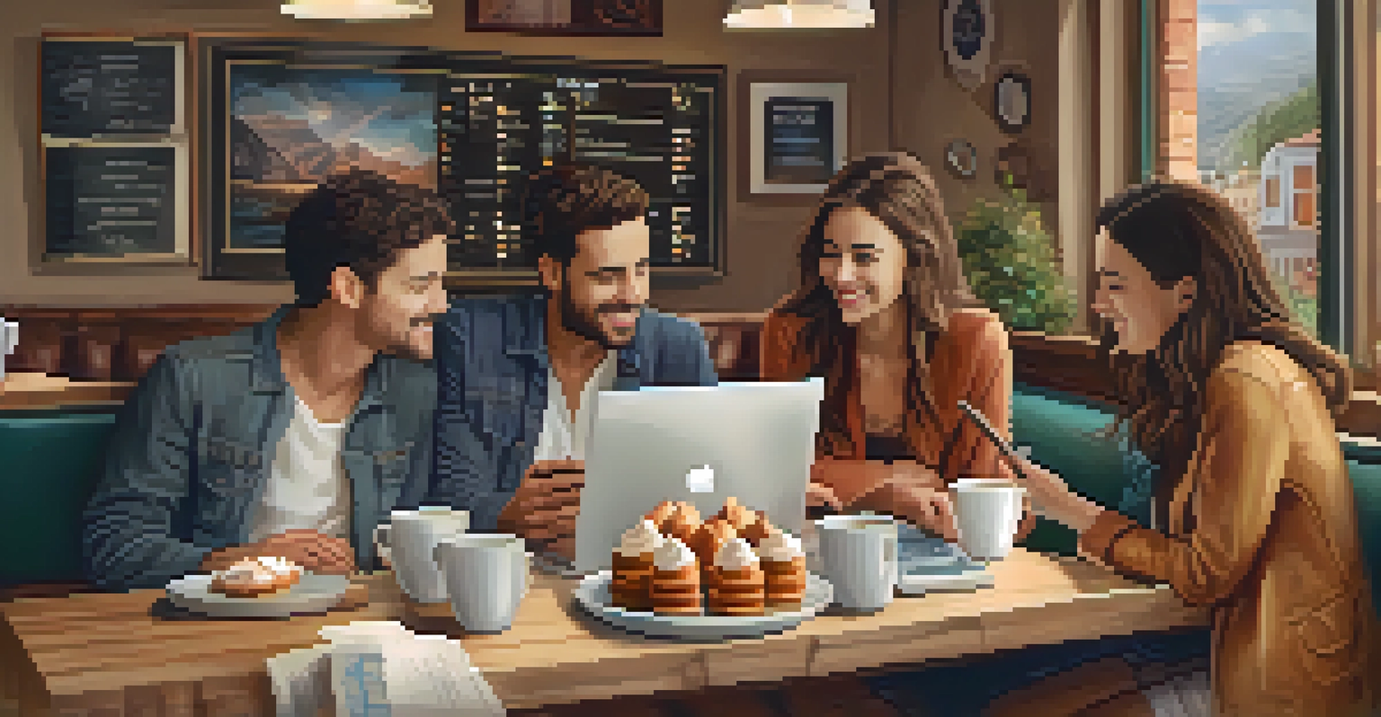 A group of friends discussing travel plans in a cozy café with coffee cups and a laptop showing a travel app.