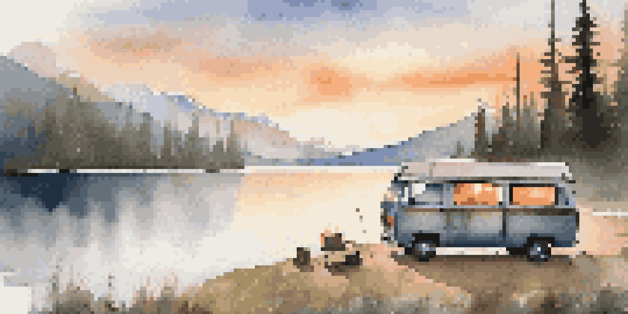A cozy van by a serene lake at sunrise, with mist rising from the water and a couple enjoying coffee by a campfire.