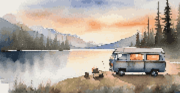 A cozy van by a serene lake at sunrise, with mist rising from the water and a couple enjoying coffee by a campfire.