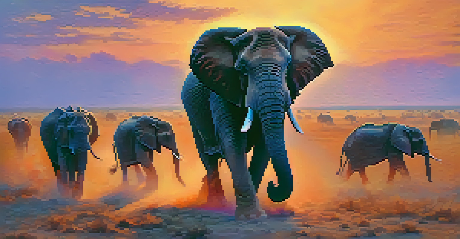 A herd of elephants crossing a savannah at sunset, with a colorful sky in the background.