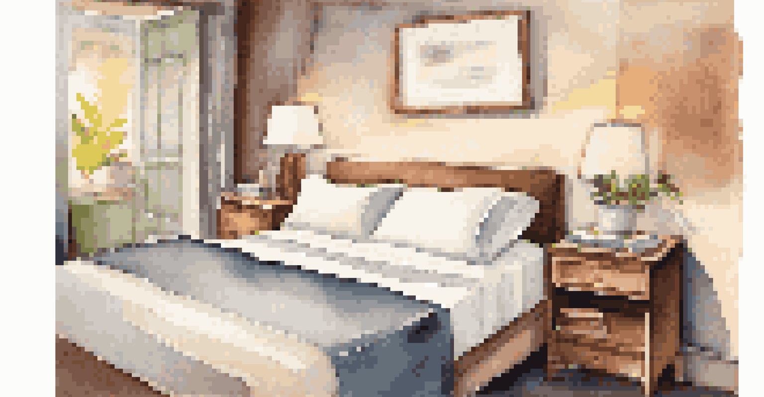 A tranquil hotel room with a made bed, a book, and a sleep mask on the bedside table, bathed in soft lighting for relaxation.