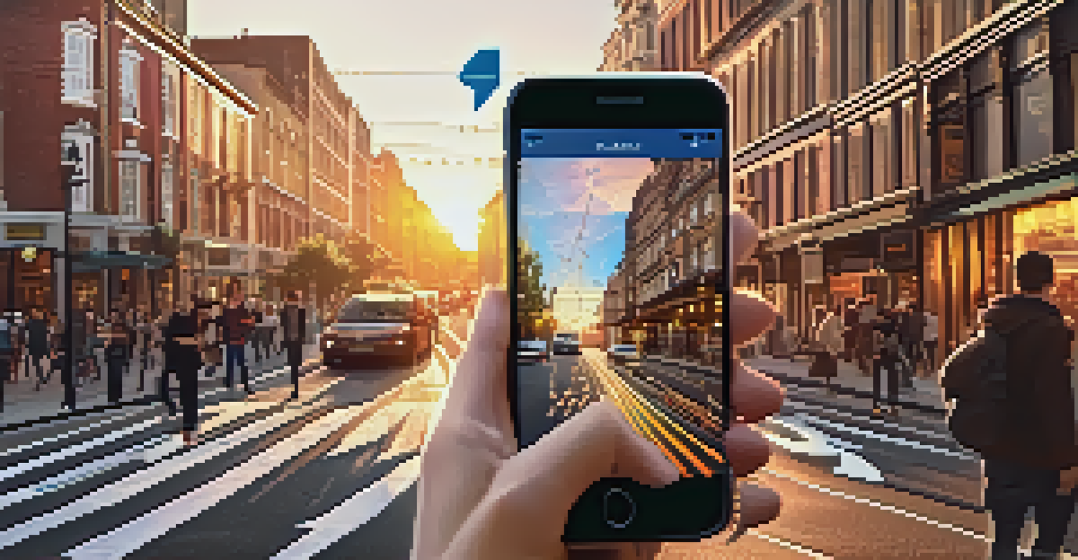 A traveler navigating a busy city street using augmented reality, with colorful arrows and points of interest appearing above the real-world environment.