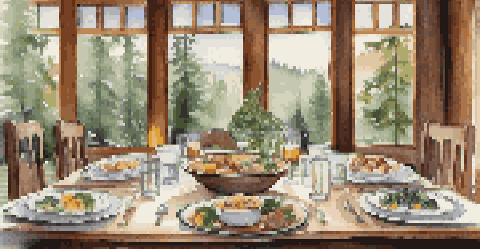 A dining table set with local foods and elegant dishes, with a view of the forest through large windows, creating a cozy atmosphere.