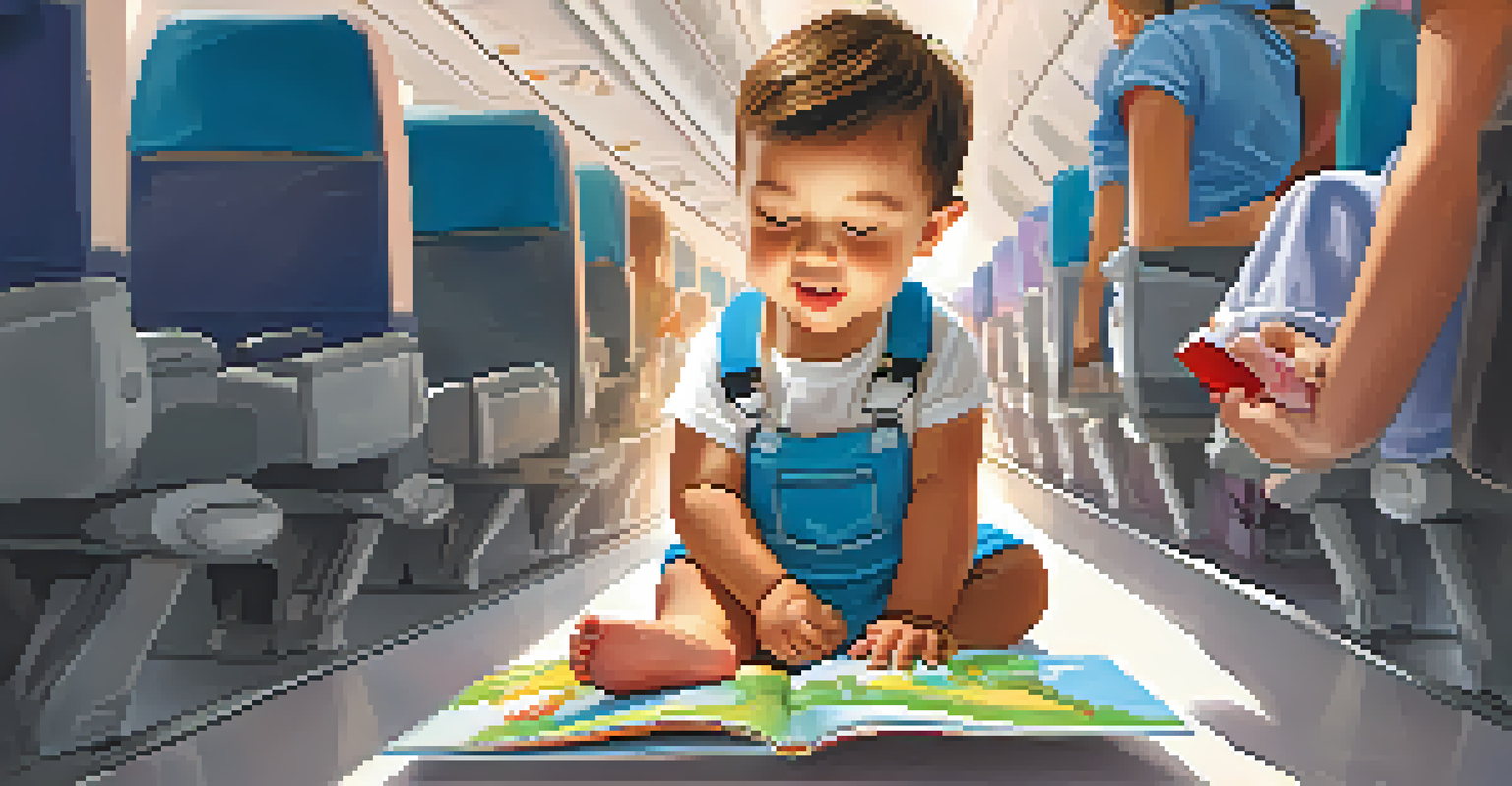 A toddler coloring on the floor of an airplane aisle, surrounded by passengers.