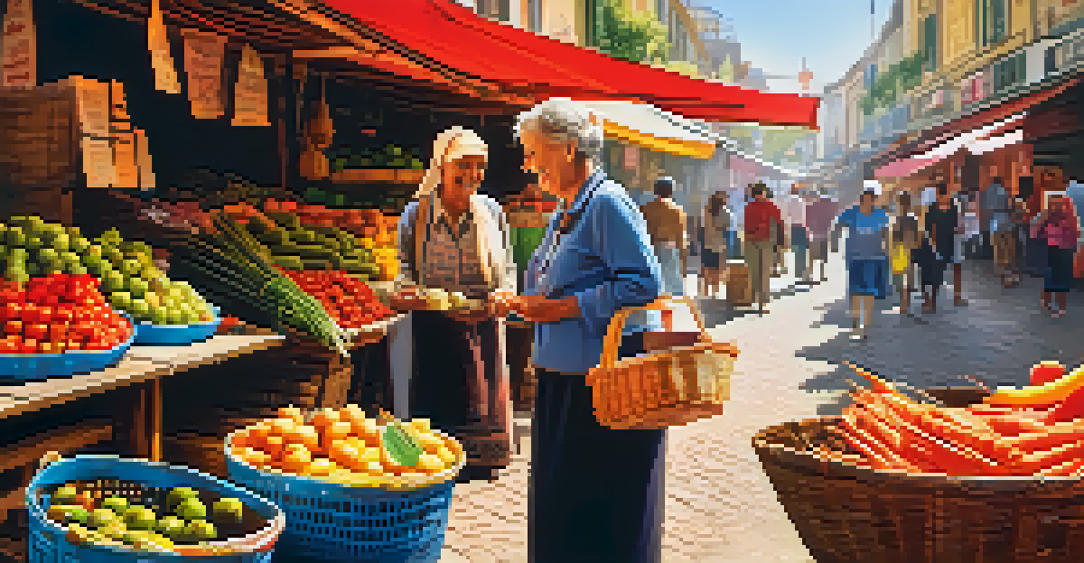 A traveler learns local phrases from a smiling vendor at a street market, surrounded by colorful banners and a lively atmosphere.