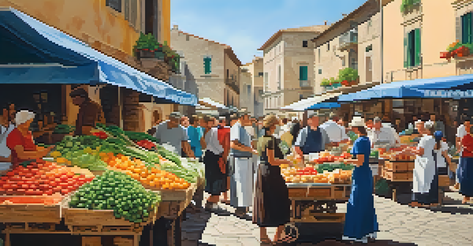 A bustling Sicilian street market with stalls of fresh produce, seafood, and cheeses, surrounded by rustic architecture and lively locals.
