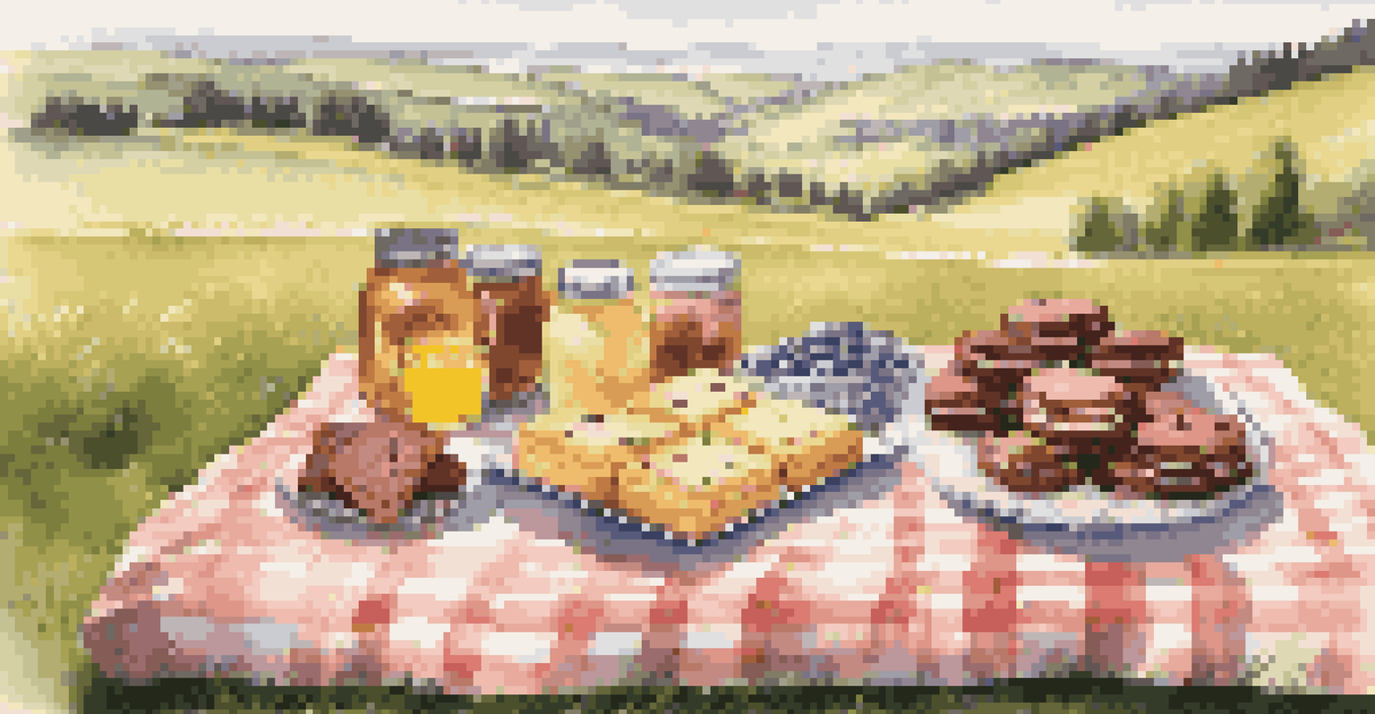 A picnic setup on a grassy field with an array of homemade desserts and lemonade, surrounded by a serene landscape under golden sunlight.