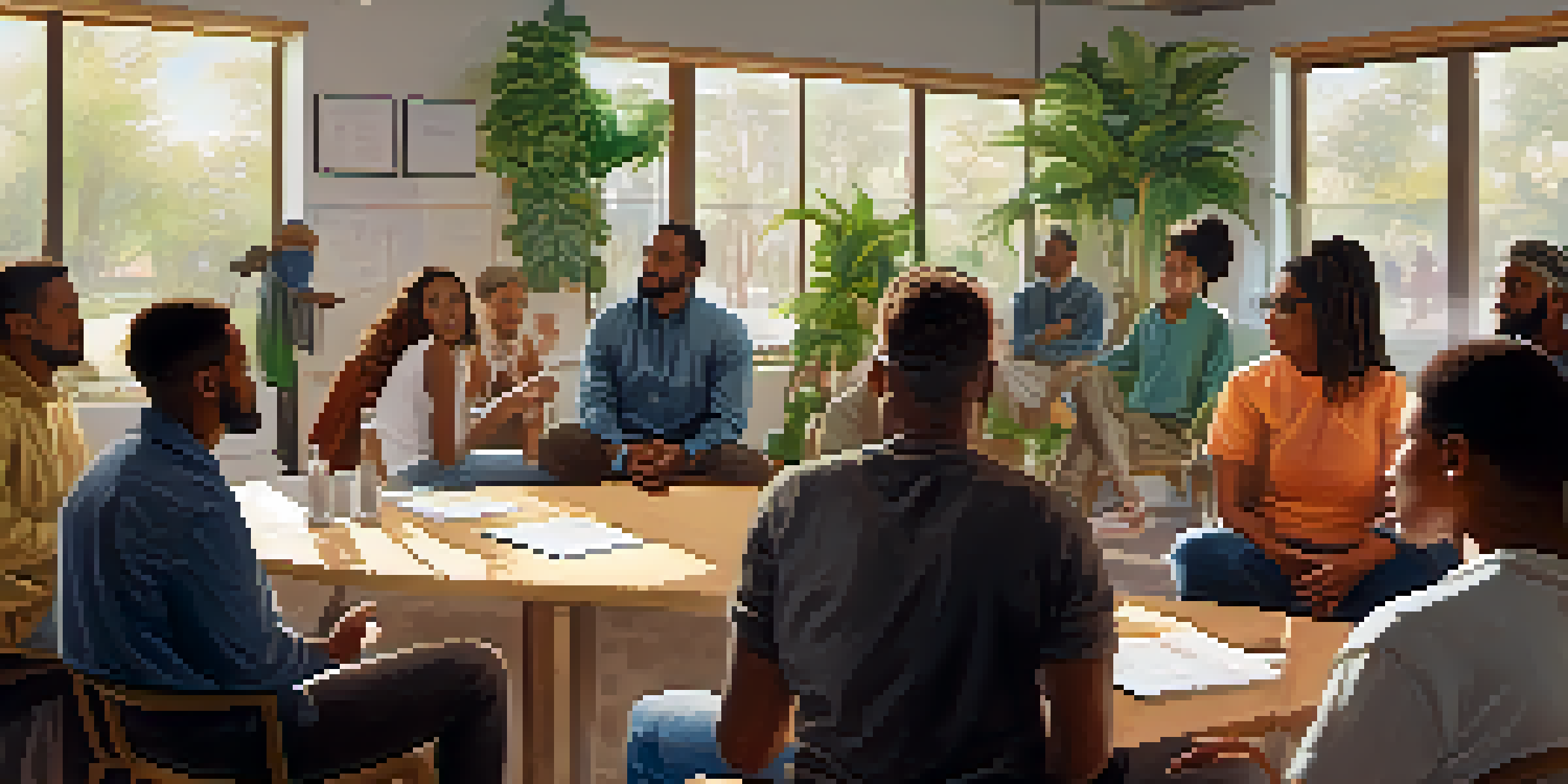 A community meeting with diverse individuals actively listening and sharing ideas in a well-lit room.