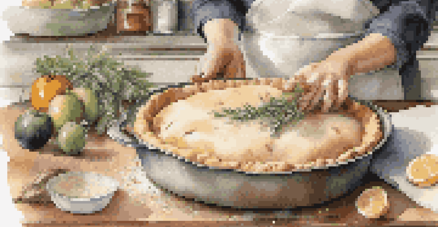 Close-up of hands preparing a family recipe with herbs and seasonal fruits, surrounded by kitchen tools and a recipe book.
