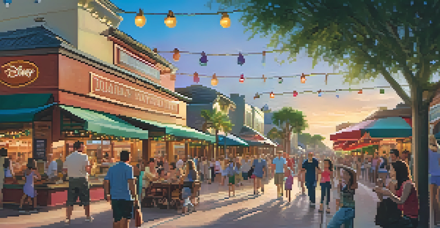 Families enjoying shopping and dining at Disney Springs during sunset, with colorful shops and street performers.