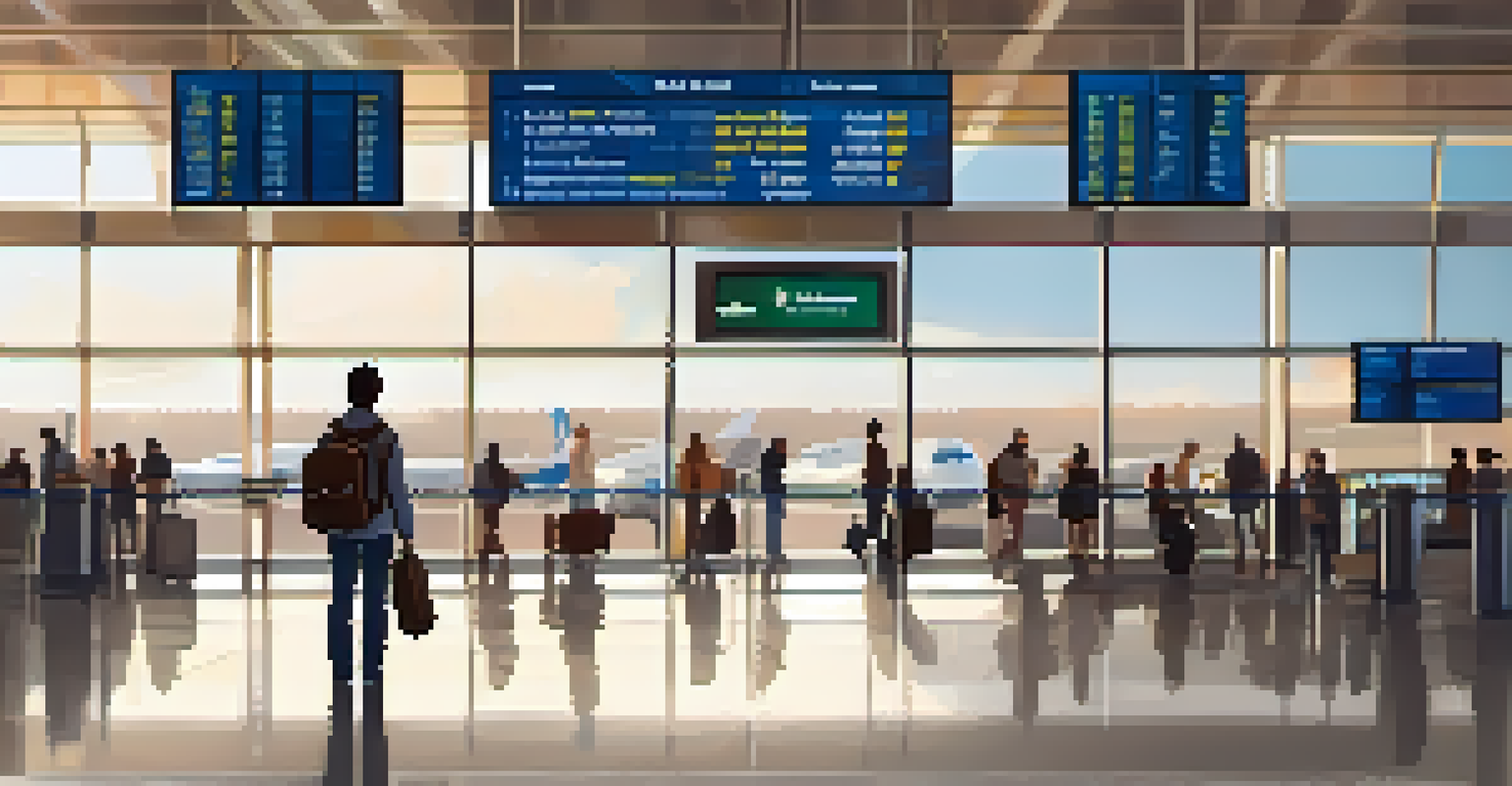 A calm traveler in an airport terminal, looking at a departure board with a lightweight carry-on bag, surrounded by the busy atmosphere.