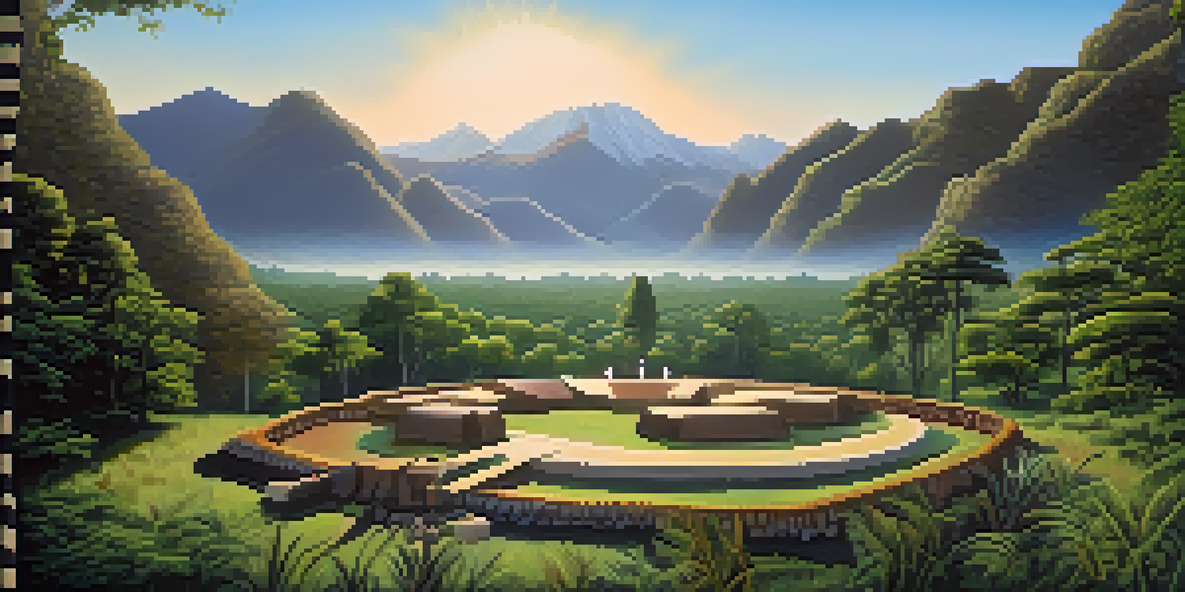 A peaceful sacred site in nature, surrounded by trees and mountains, with soft morning light filtering through.