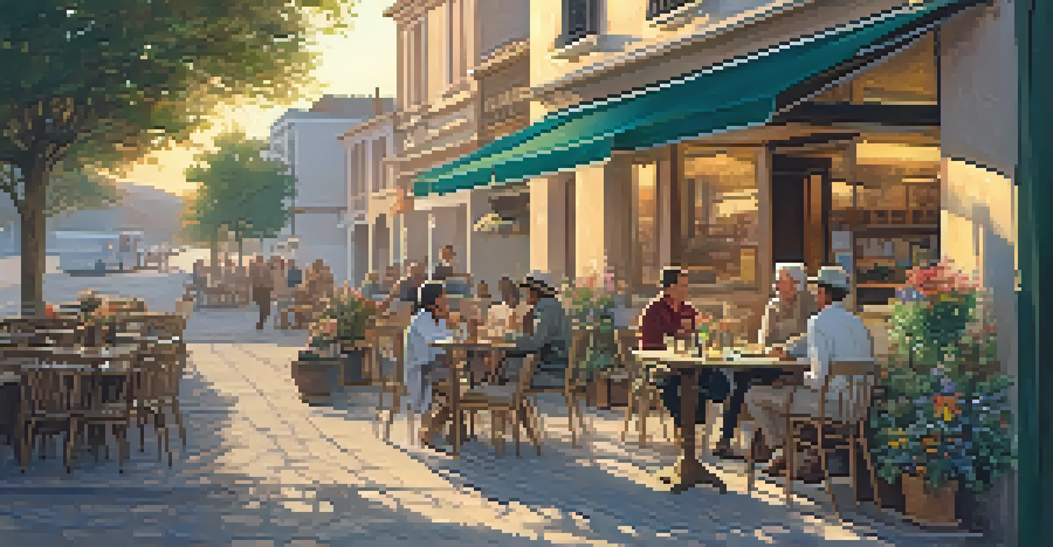 A group of travelers enjoying conversation with locals at an outdoor café, surrounded by flowers and a sunset backdrop.
