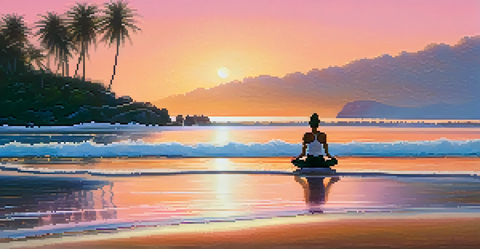 A peaceful beach at sunrise featuring a person practicing yoga in a meditative pose, with palm trees and gentle waves.