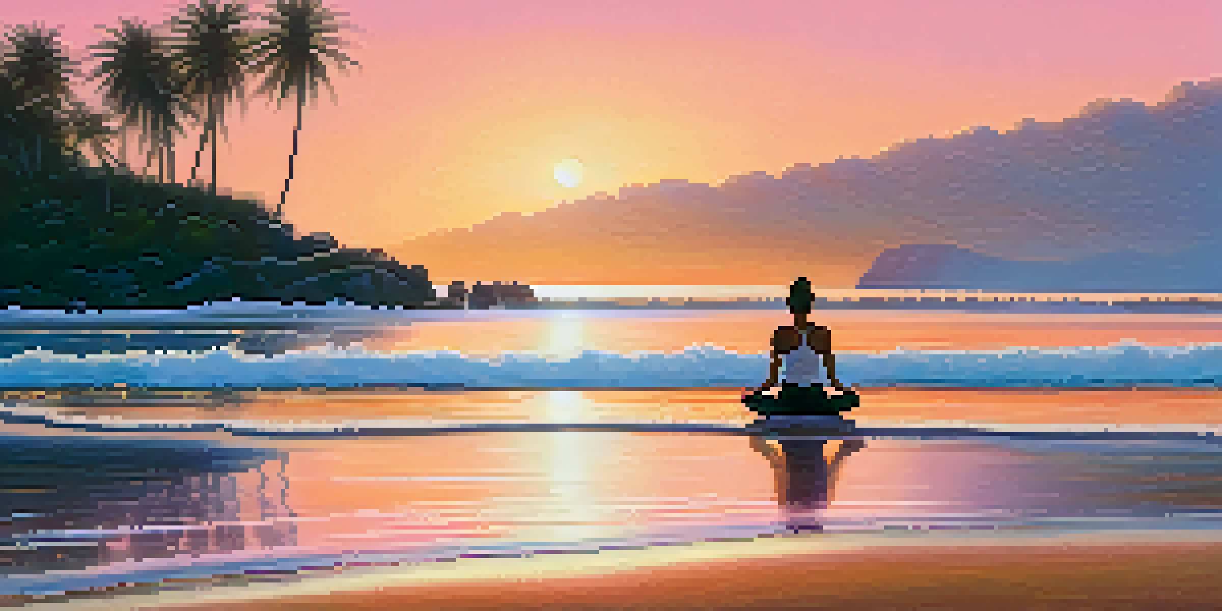 A peaceful beach at sunrise featuring a person practicing yoga in a meditative pose, with palm trees and gentle waves.