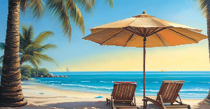 A tranquil beach scene with turquoise water, palm trees, and beach chairs under an umbrella.