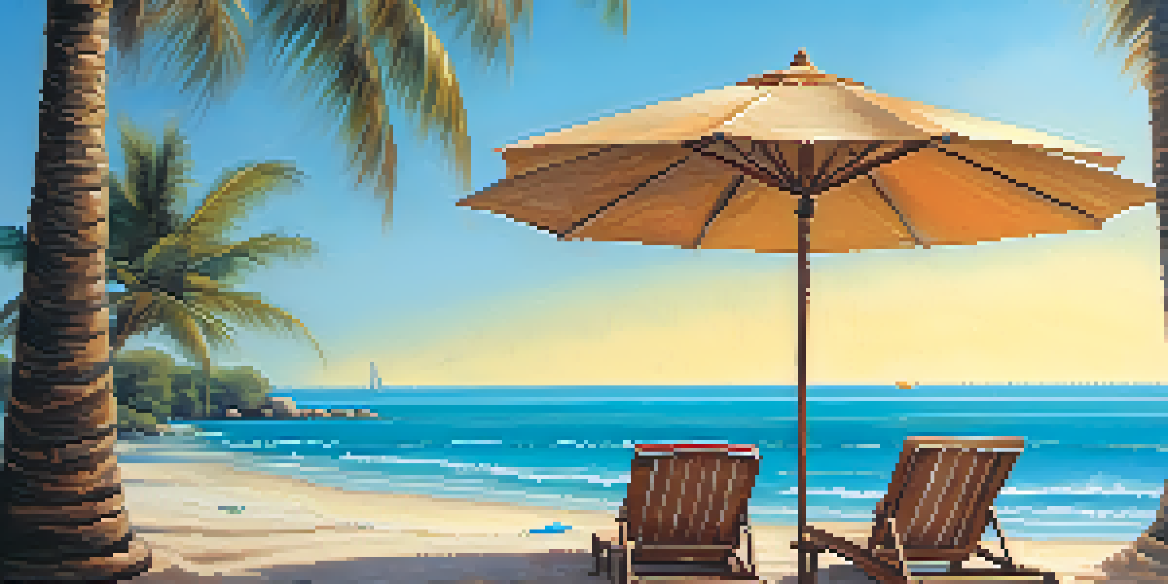 A tranquil beach scene with turquoise water, palm trees, and beach chairs under an umbrella.