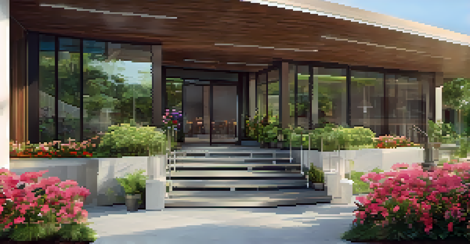 A hotel entrance with a wheelchair ramp surrounded by greenery and colorful flowers.