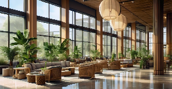 An eco-friendly hotel lobby with bamboo furniture, recycled glass decor, and indoor plants, illuminated by natural light.