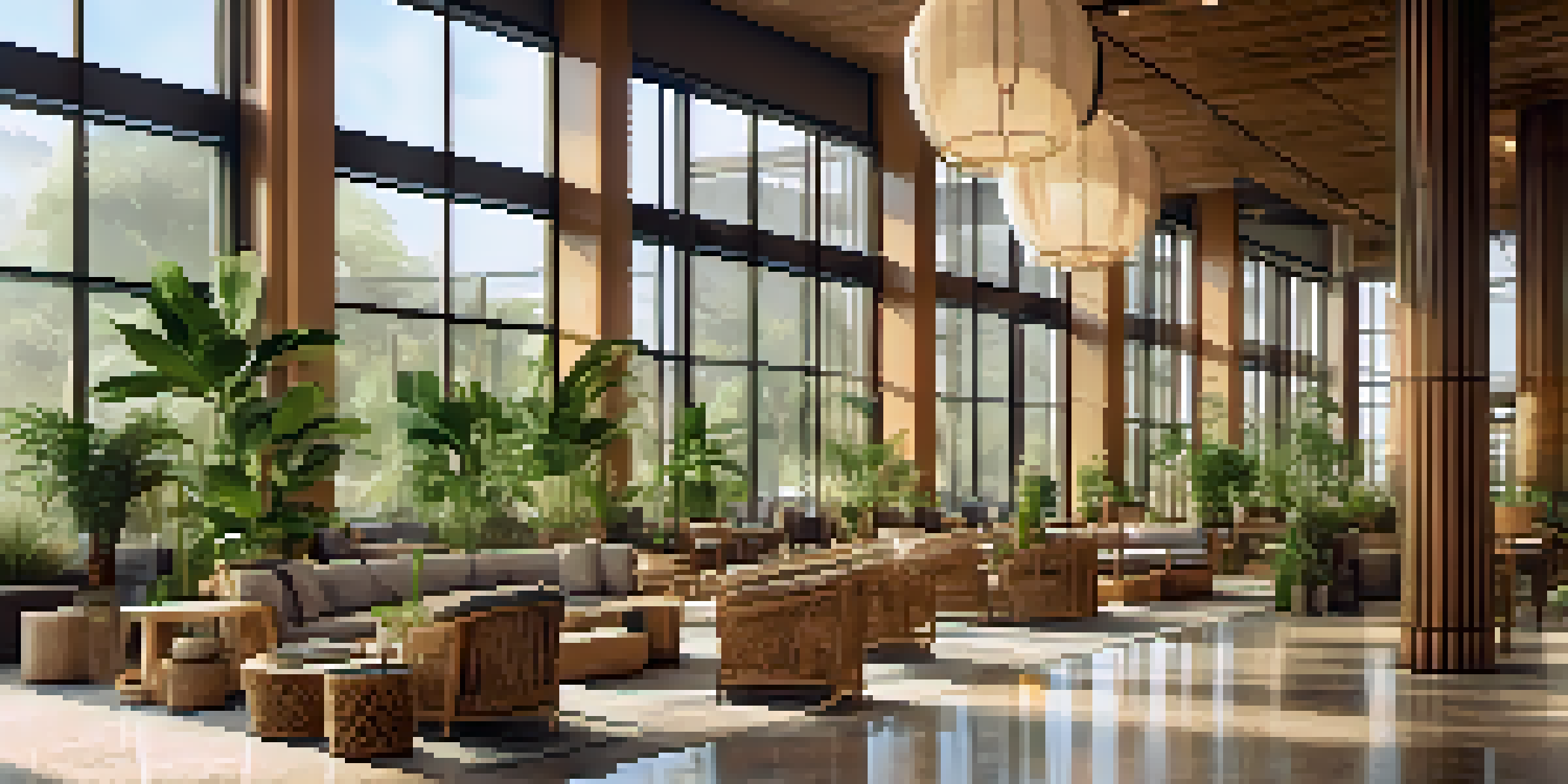 An eco-friendly hotel lobby with bamboo furniture, recycled glass decor, and indoor plants, illuminated by natural light.