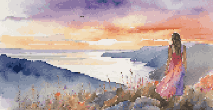 A solo female traveler on a cliff at sunset, with the ocean in the background and colorful wildflowers in the foreground.