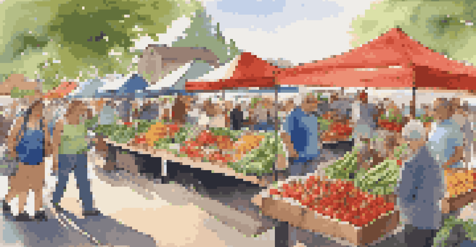 A lively farmers' market filled with colorful fruits and vegetables, handmade goods, and people enjoying local products amidst green surroundings.