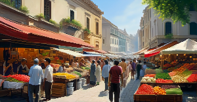 A busy street filled with colorful market stalls, people interacting, and historical buildings in the background under warm sunlight.