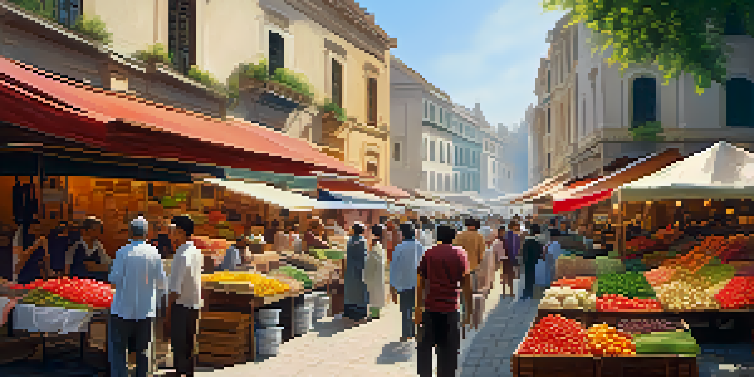 A busy street filled with colorful market stalls, people interacting, and historical buildings in the background under warm sunlight.